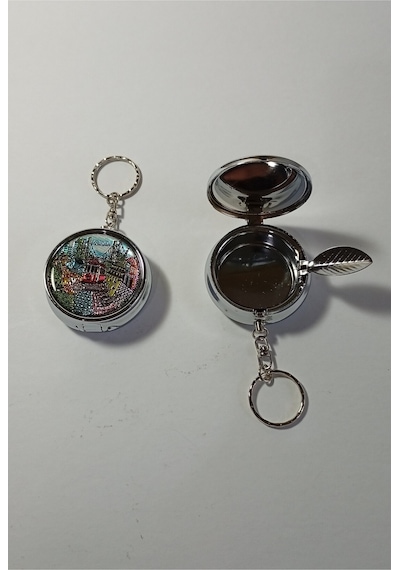 Mini Taşınabilir Cep Küllüğü Mini Cep Küllüğü Anahtarlıklı - Çanta Küllüğü 5cm - İstanbul Desenli Kapaklı Metal Mini Kül Tabağı