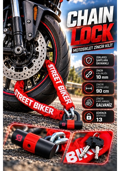 Street Biker Galvanizli Motosiklet Zincir Kilidi - Güçlendirilmiş Chain Lock 10 Mm X 90 Cm