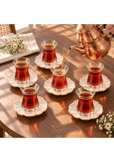 6 Kişilik Çiçek Desenli Gold Detaylı Cam Çay Takımı Şeffaf