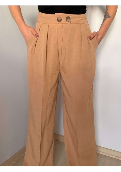 Camel Çift Pileli Keten Pantolon Camel