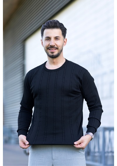 Hk Premium Erkek Fitilli Triko Kazak Slim Fit Bisiklet Yaka Likralı Kışlık Sweatshirt Siyah Hk Premium Erkek Fitilli Triko Kazak Slim Fit Bisiklet Yaka Likralı Kışlık Sweatshirt Siyah