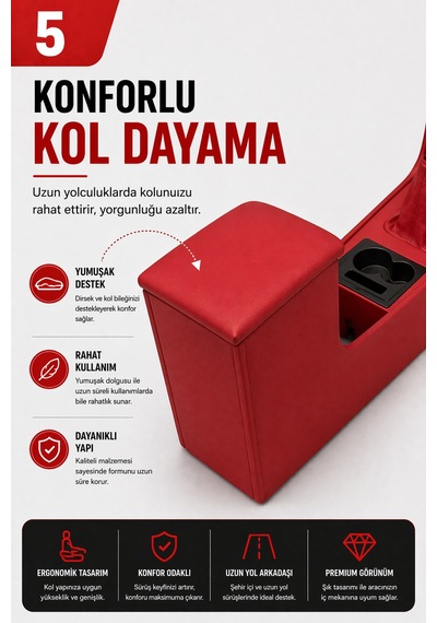 Trobus Tofaş Kartal Kargo 1998-2002 Tam Boy Orta Konsol Kol Dayama Bardaklıklı Deri Kırmızı