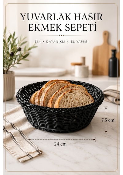 Siyah Hasır Detaylı Yuvarlak Ekmek, Sebzelik Sepeti 24x7,5 Cm
