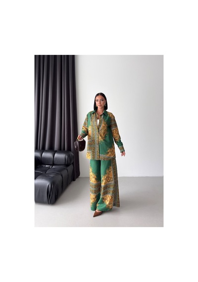 Wellway İthal Chokellaa Kumaş Çiçekli Tunik Gömlek & Pantolon 2li Takım-yeşil -26112 Yeşil