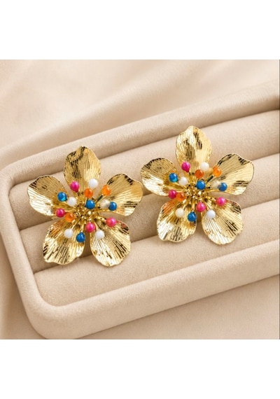 Riody Rainbow Bloom Gold Renkli Taşlı Büyük Çiçek Küpe Sarı - Gümüş - Gold