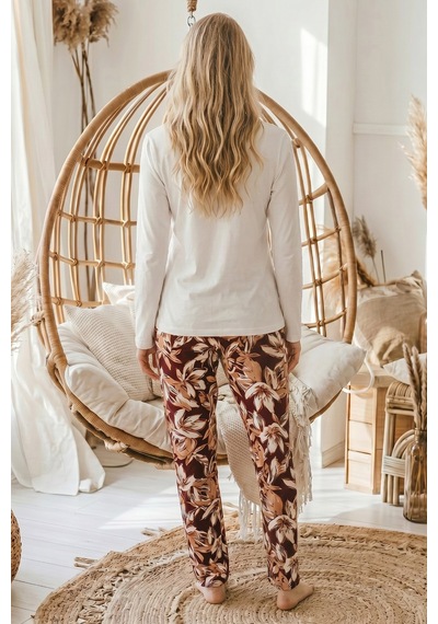 Siyah İnci Ekru Desenli V Yaka Nakışlı Viskon Örme Pijama Takım 26224657