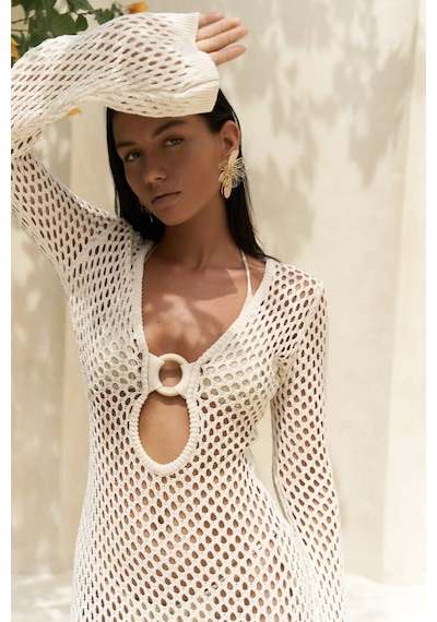 Mai Collection Mai Studios Co. Seyşeller Ahşap Halka Detay Bej Triko Elbise Bej