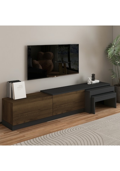 Nest Tv Sehpası Modern Tasarım,2 Kapaklı Depolama Ve İkili Zigon Sehpa İle Fonksiyonel Mobilya Antrasit - Ceviz Nest Tv Sehpası Modern Tasarım,2 Kapaklı Depolama Ve İkili Zigon Sehpa İle Fonksiyonel Mobilya Antrasit - Ceviz