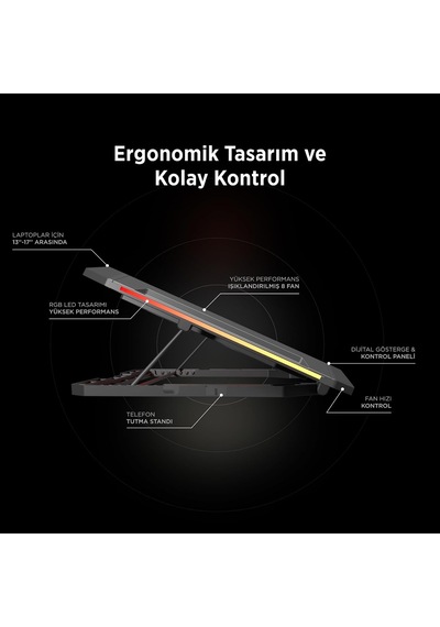 S51 Icevolt Siyah Rgb Işıklı 8 Fanlı Lcd Göstergeli 16 Kadar Yükselebilen Notebook Soğutucu