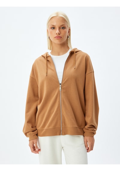 Koton Fermuarlı Kapşonlu Sweatshirt Uzun Kollu Üç İplik Pamuklu Deve Tüyü 5wak10225ek Taba