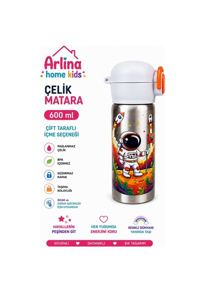 304 Paslanmaz Çelik Termos Çift İçim Modlu Kilit Kapaklı Çocuk Matarası 600 Ml Gri
