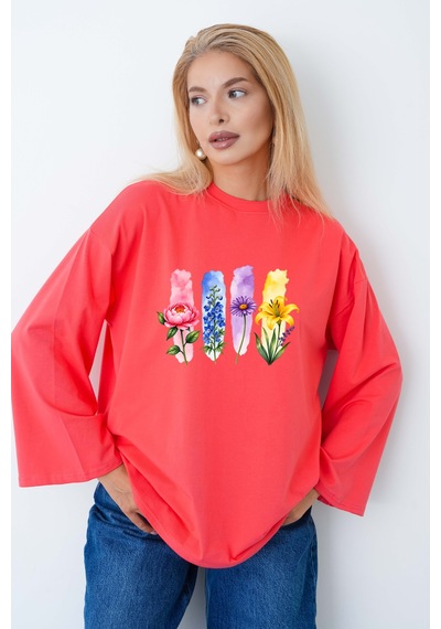 Herkesemoda Renkli Çiçekler Baskılı Tesettüre Uygun Oversize Body Narçiçeği