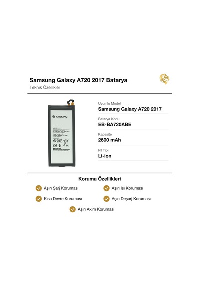 Samsung Galaxy A720 2017 Uyumlu Güçlendirilmiş Batarya Eb-ba720abe 2600 Mah Pil Telefon Bataryası