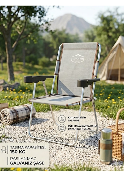 Evko Mobilya Kamp Sandalyesi, Katlanabilir Kamp Sandalyesi, Bardaklıklı Sandalye, Piknik Plaj Bahçe Sandalyesi Gri