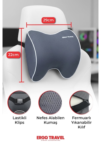 Viscofoam Carfort Büyük Visco Araç Boyun Yastığı – Ortopedik Oto Koltuk Boyun Desteği - Araç Yastığı - Gri | Ergo Travel
