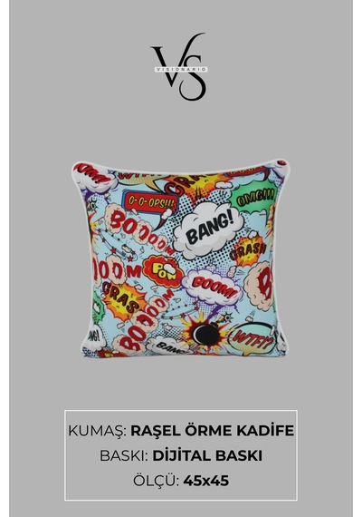 Kırlent Kılıfı 2'li Pop Art Ve Figür Desenli 45x45 Raşel Örme Kadife Çift Taraflı Dijital Baskı Beyaz Biyeli Çok Renkli
