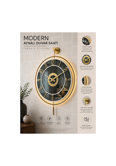 Pey Aksesuar Metal Camlı Duvar Saati 40x60 Cm Işıklı Gerçek Cam Duvar Saati Modern Tasarım Gold-füme-beyaz-gold