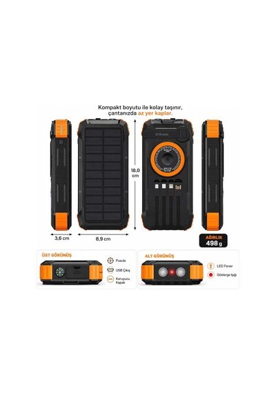 Fc-20 Solar Powerbank 20000 Mah, 22.5w Pd Hızlı Şarj, Kablosuz Şarj, El Kranklı Şarj, Led Fener, Pusula, Çoklu Kablolu Taşınabilir Güç Bankası