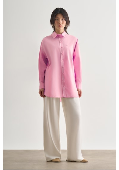 Mizalle Premium Saf Pamuk Pembe Oversize Gömlek Pembe