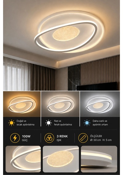 Modern Led Avize Işıklı Avize Beyaz Salon Oturma Odası Yatak Odası 100w 3 Renk Işık 50 Cm