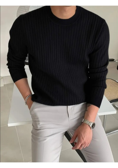 Erkek Bisiklet Yaka Slim Fit Triko Kazak Siyah
