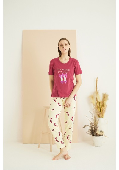 Siyah İnci Pamuklu Bisiklet Yaka Örme Pijama Takım25103208 Vişne Rengi