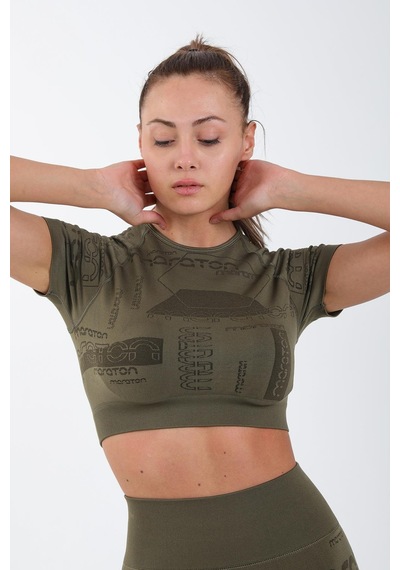 Maraton Active Slimfit Kadın Bisiklet Yaka Kısa Kol Koşu Haki Crop Top 811037 Haki