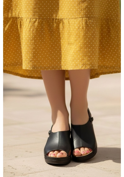 Napa Shoes Ortopedik Konforlu Dolgu Topuk Ayarlanabilir Açık Burun Terlik Napa-1001 Siyah