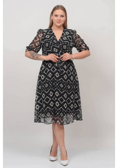 Neşeli Butik Kadın Kruvaze Yaka Midi Boy Büyük Beden Desenli Şifon Elbise Nb80622 Çok renkli