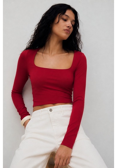 Seeh Kırmızı Kare Yaka Uzun Kollu Kadın Body Sh206