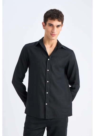 DeFacto %100 Keten Regular Fit Polo Yaka Yazlık Uzun Kollu Siyah Gömlek D9925AX25SPBK81