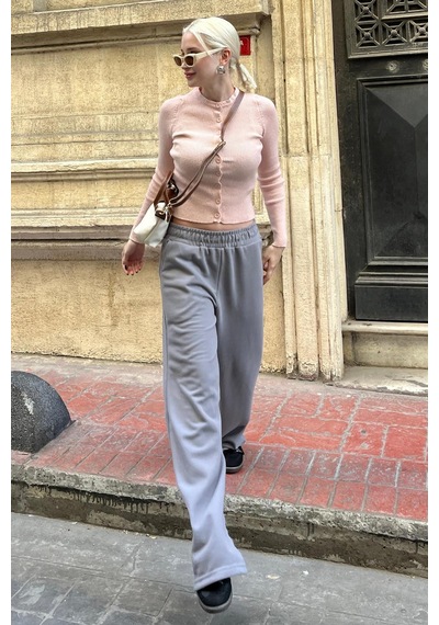 Madmext Boyalı Gri Beli Lastikli Yüksek Bel İspanyol Paça Triko Eşofman Mg2211 Boyalı Gri