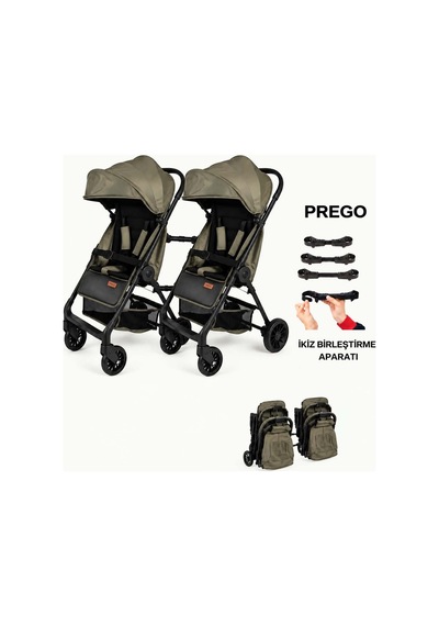 Prego İkiz Apartlı Birleşip Ayrılan Yan Yana İkiz Kabin Boy Bebek Arabası Haki