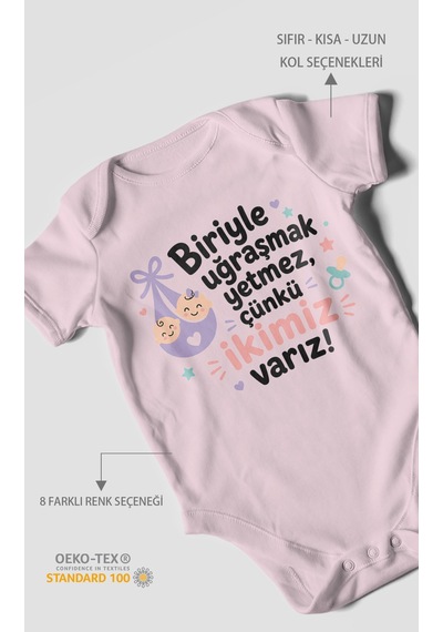 Morivokids Biriyle Uğraşmak Yetmez, Yazılı Kısa Kollu Bebek Body %100 Pamuk Bebe Pembe