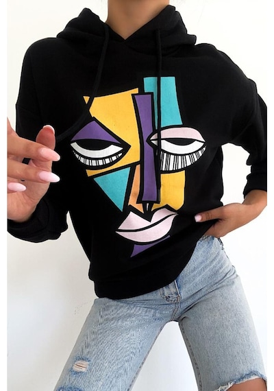 Femelle Kadın Yeni Sezon Karakter Baskılı Kapüşonlu Pamuklu Sweatshirt siyah