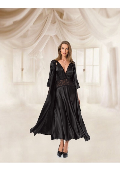 Mh Moony Homewears Siyah Saten Lüks Uzun Gecelik Sabahlık Çeyiz Seti Siyah