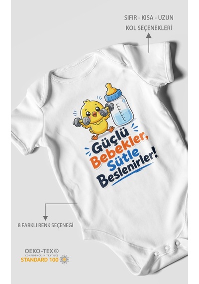 Morivokids Güçlü Bebekler Sütle Beslenir Kısa Kollu Bebek Body %100 Pamuk Beyaz