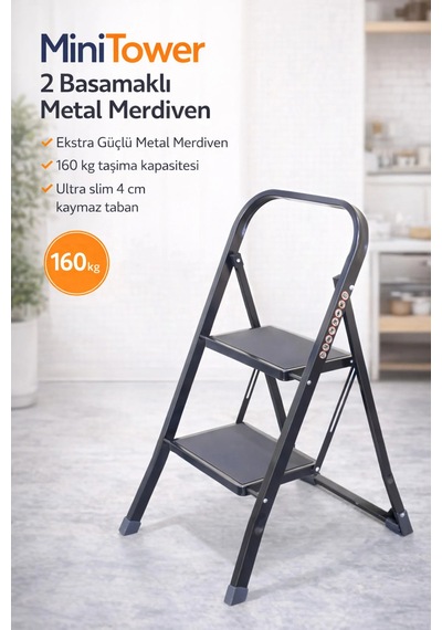Minitower 2 Basamaklı Metal Merdiven - Ekstra Güçlü Siyah