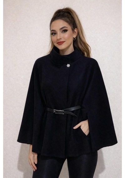 Butik Siyah Kemerli Kaşe Panço