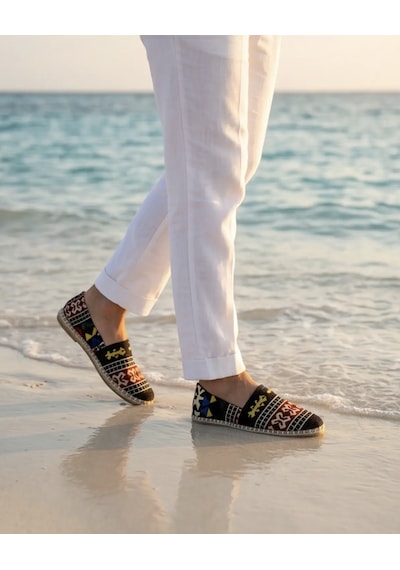 Futsishoes Magnolıa Siyah Kilim Desenli Hakiki Deri Kadın Etnik Desen Espadril Ayakkabı