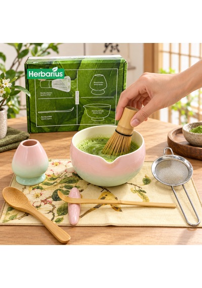Herbarius 8 Parça Pastel Pembe Mint Geçişli Parlak Beyaz Renk Matcha Çayı Hazırlama Seti - Geleneksel Japon Matcha Seti Pastel Pembe Mint Geçişli Beyaz