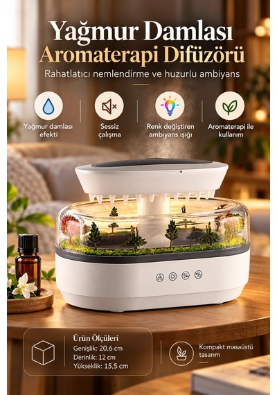Castu 286 Raindrop Yağmur Damlası Efektli Aroma Difüzör Beyaz Gürültü Sesli Led Işıklı Hava Nemlendi