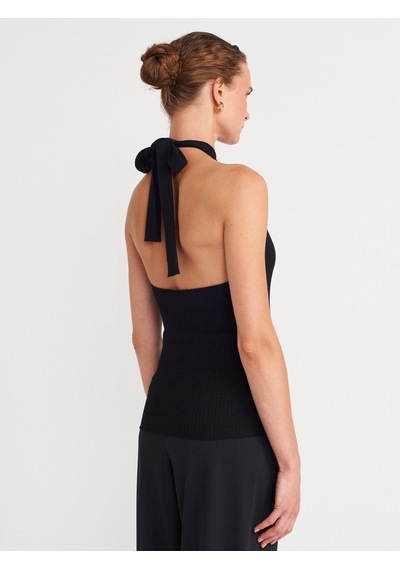 Dilvin 10798 Halter Bağlamalı Yaka Fitilli Triko Bluz-siyah Siyah