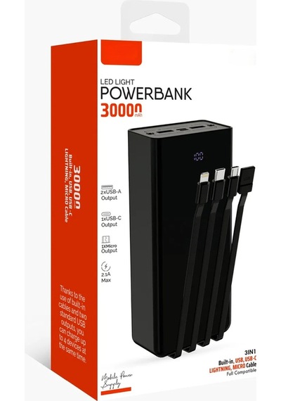 30.000 Mah Çoklu Kablolu Dijital Gösterge Powerbank Şarj Aleti 2x Usb Çıkışlı Powebank 30.000 Mah