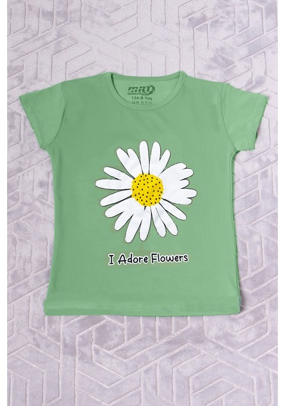 Hçm Kız Çocuk Tshirt Papatya Baskılı Bisiklet Yaka D26 Yeşil