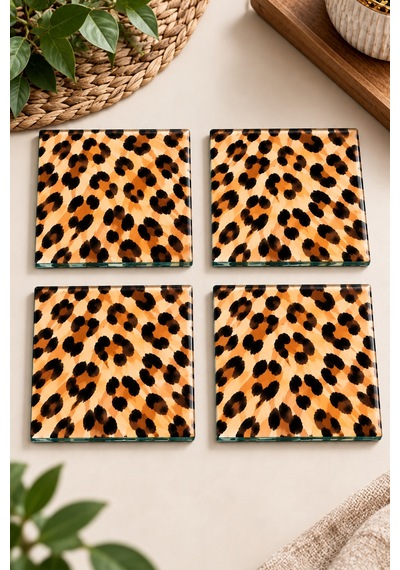 Gökçeoğlu Cam Bardak Altlığı Leopar Temalı 4'lü Takım 10cm X 10cm Çok Renkli
