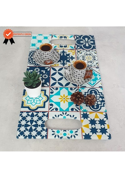 Decorita Cam Tepsi Mavi Çini Desen 29Cm X 52Cm