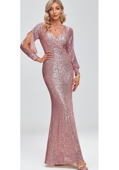 Hanife Glam Couture Hanife Glam Uzun Kollu Kruvaze Yaka Pullu Abiye Elbise Pembe