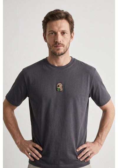 Elemge %100 Pamuk Compact Penye Süprem Kapipara Nakışlı Trend Fit Erkek Tok Kumaş T-shirt Rahat Kesim Antrasit