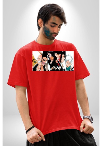 Bleach Anime Pamuklu Bisiklet Yaka Unisex Oversize Boyfriend Dijital Baskılı Kırmızı T-shirt Kırmızı